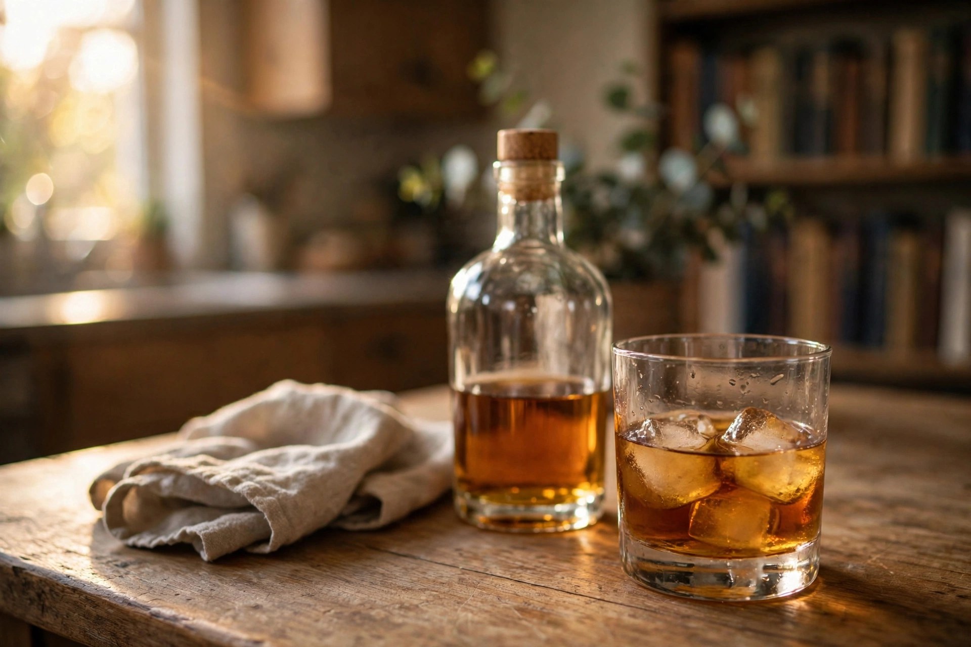 A glass of bourbon glowing in warm light on a dark wooden bar with oak barrels behind