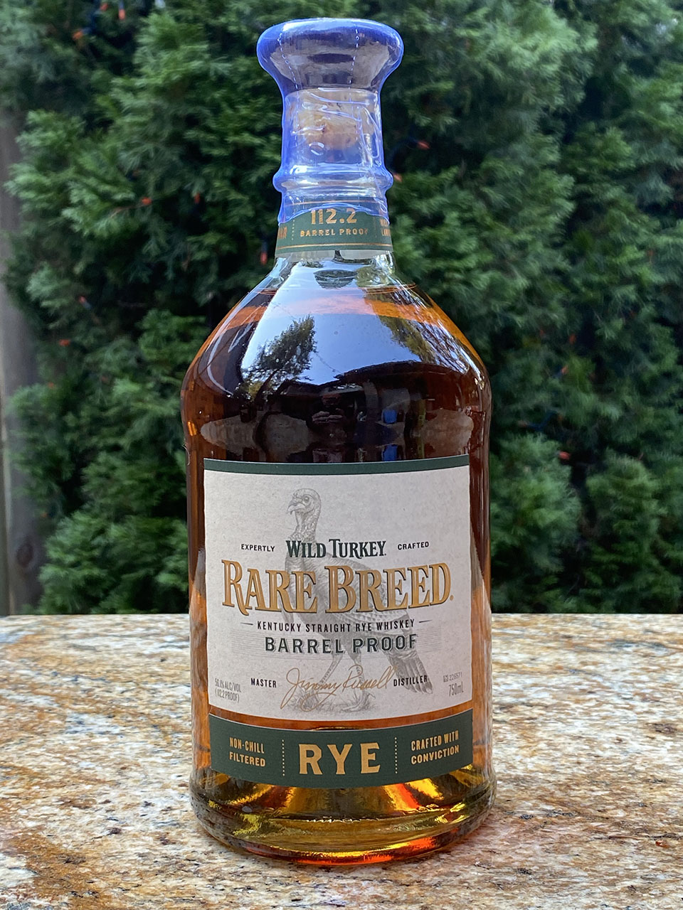 Wild Turkey Rare Breed Rye barrel proof bottle outdoors