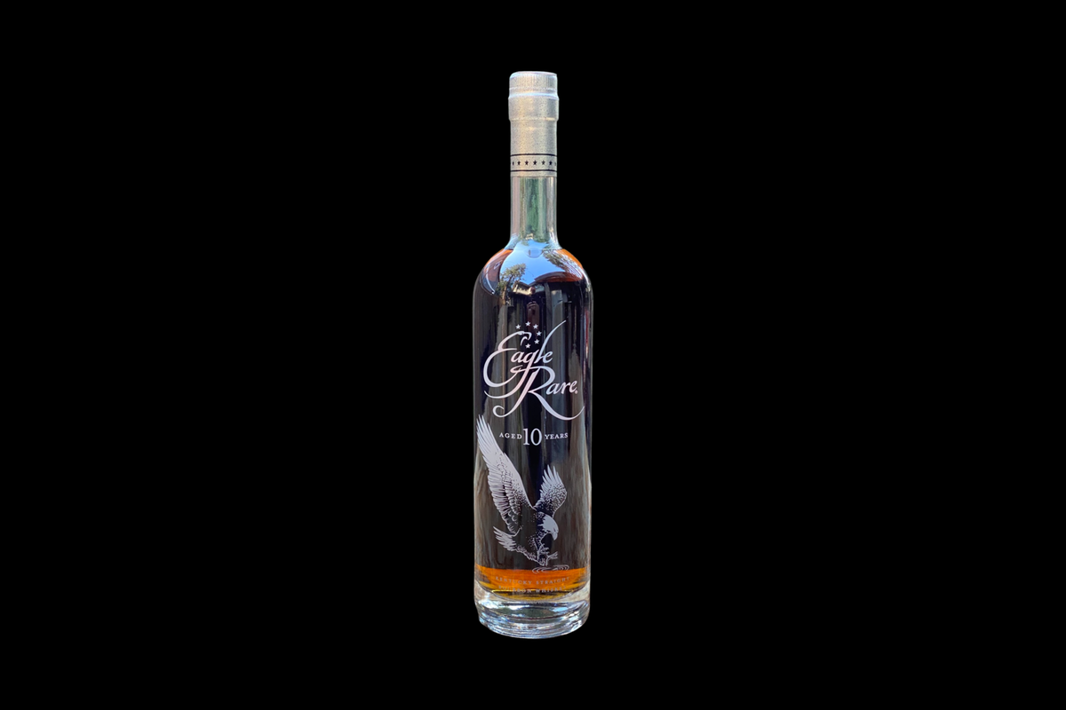 Eagle Rare 10 Year bourbon bottle on a black background